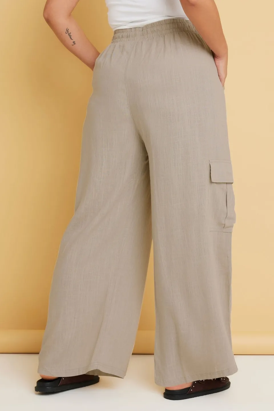 Trousers>YOURS Curve Brown Linen Cargo Trousers Natural