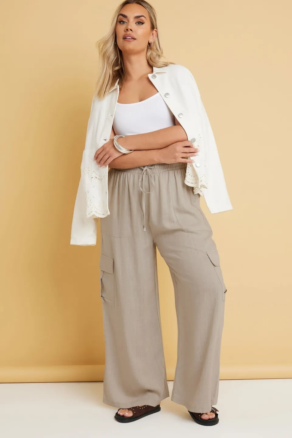 Trousers>YOURS Curve Brown Linen Cargo Trousers Natural