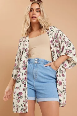 Coats & Jackets>YOURS Curve Natural Brown Floral Crochet Detail Kimono