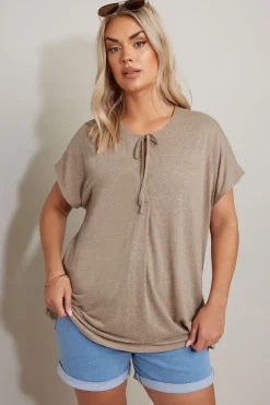 Tops>YOURS Curve Natural Brown Linen Marl Tie Front Top