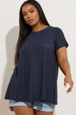 T-Shirts>YOURS Curve Navy Blue Broderie Anglaise Textured Swing Top