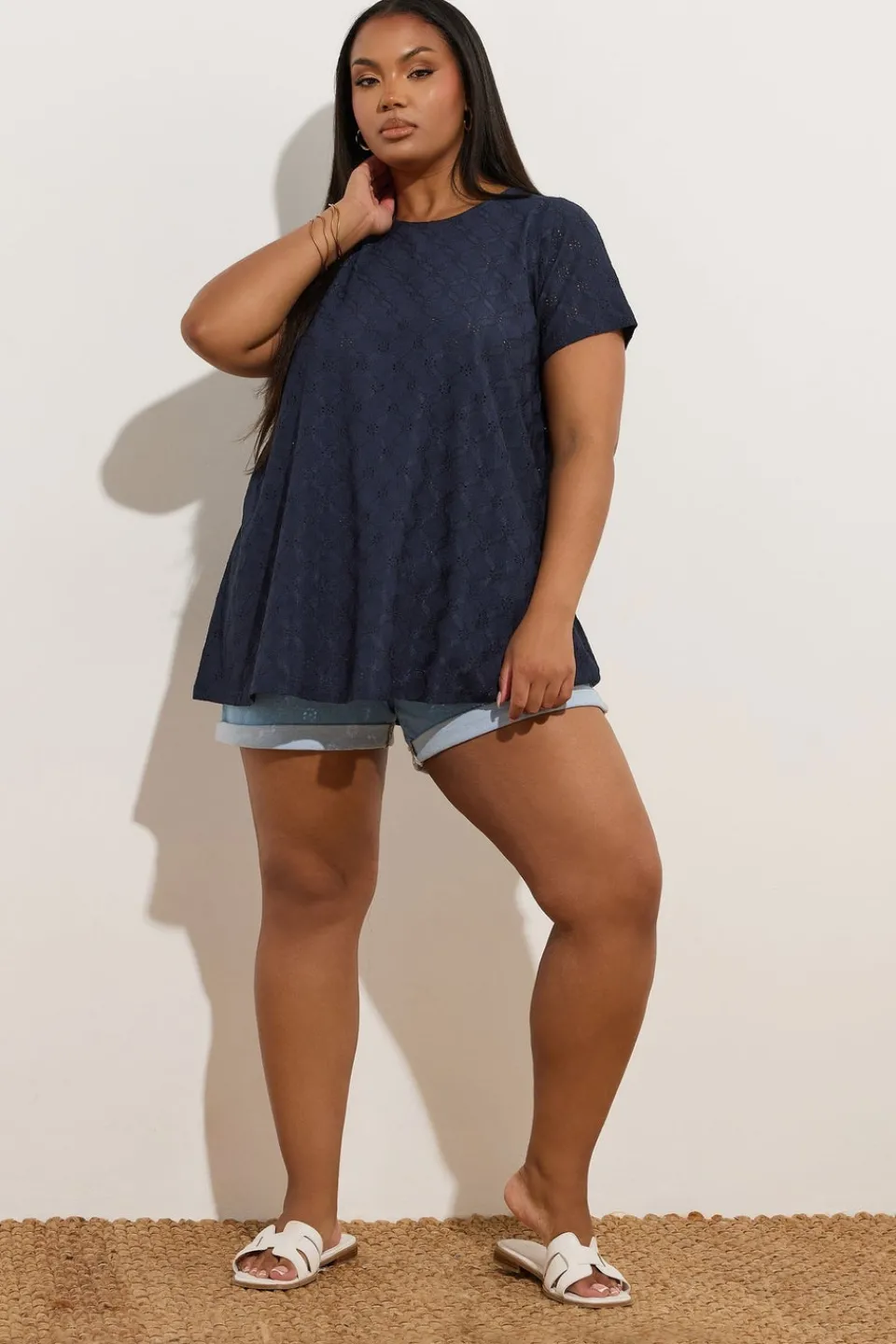 T-Shirts>YOURS Curve Navy Blue Broderie Anglaise Textured Swing Top