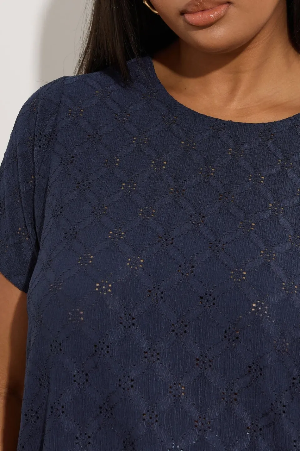 T-Shirts>YOURS Curve Navy Blue Broderie Anglaise Textured Swing Top