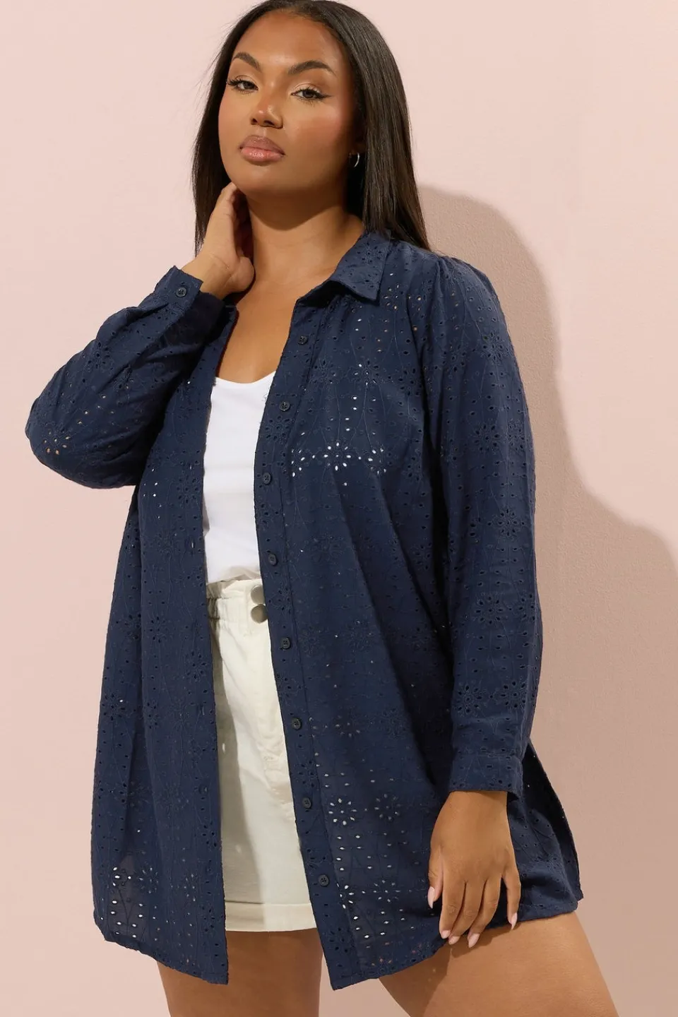 Tops>YOURS Curve Navy Blue Broderie Anglaise Long Sleeve Shirt