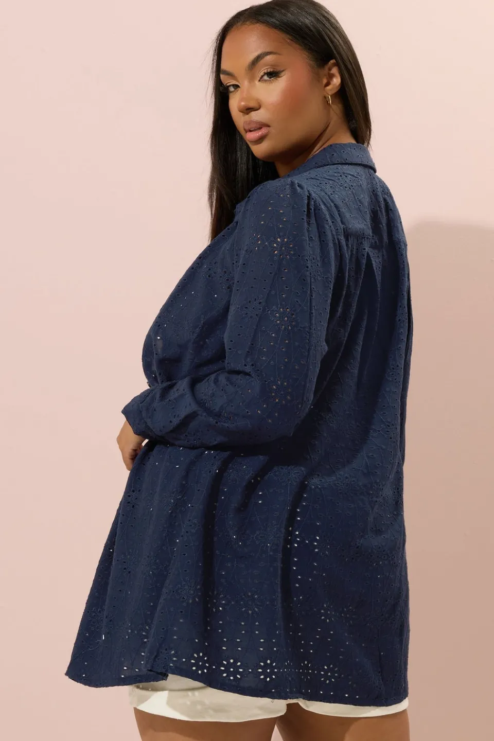 Tops>YOURS Curve Navy Blue Broderie Anglaise Long Sleeve Shirt