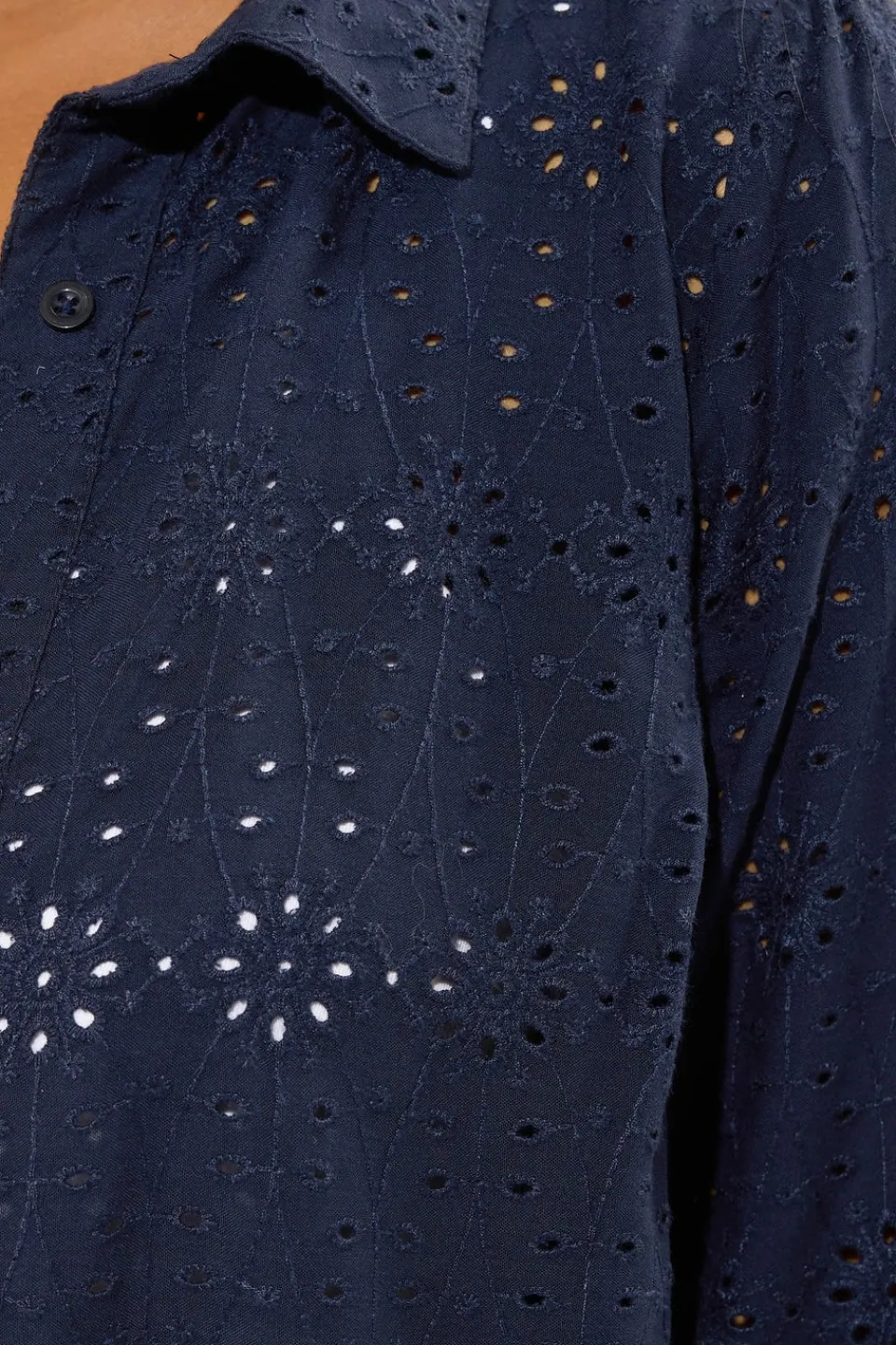 Tops>YOURS Curve Navy Blue Broderie Anglaise Long Sleeve Shirt