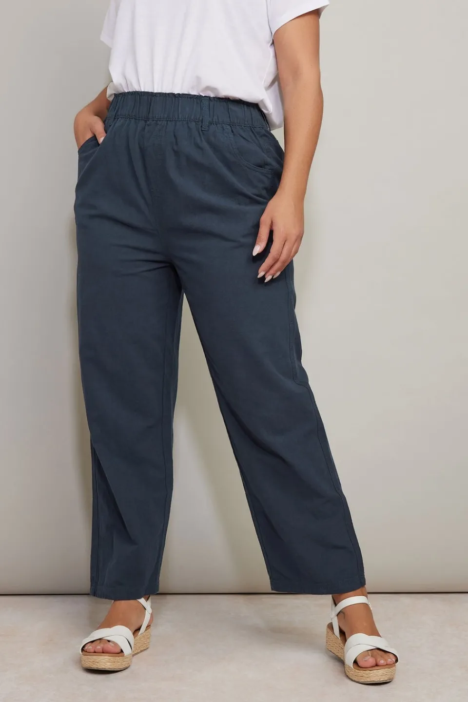 Trousers>YOURS Curve Navy Blue Cool Cotton Wide Leg Trousers