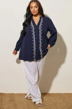 Tops>YOURS Curve Navy Blue Embroidered Cheesecloth Shirt