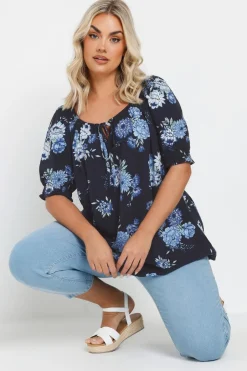 T-Shirts>YOURS Curve Navy Blue Floral Tie Neck Top