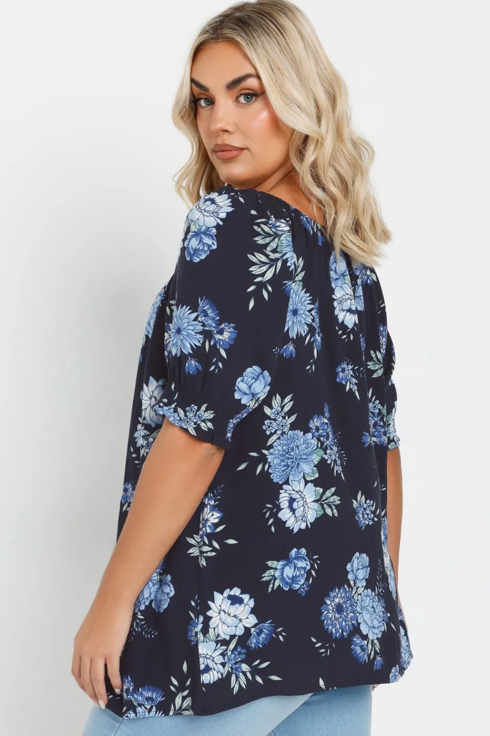 T-Shirts>YOURS Curve Navy Blue Floral Tie Neck Top