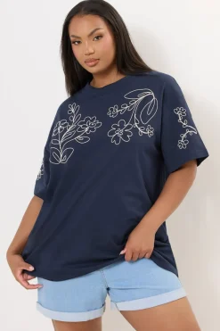 T-Shirts>YOURS Curve Navy Blue Floral Embroidered Oversized T-Shirt