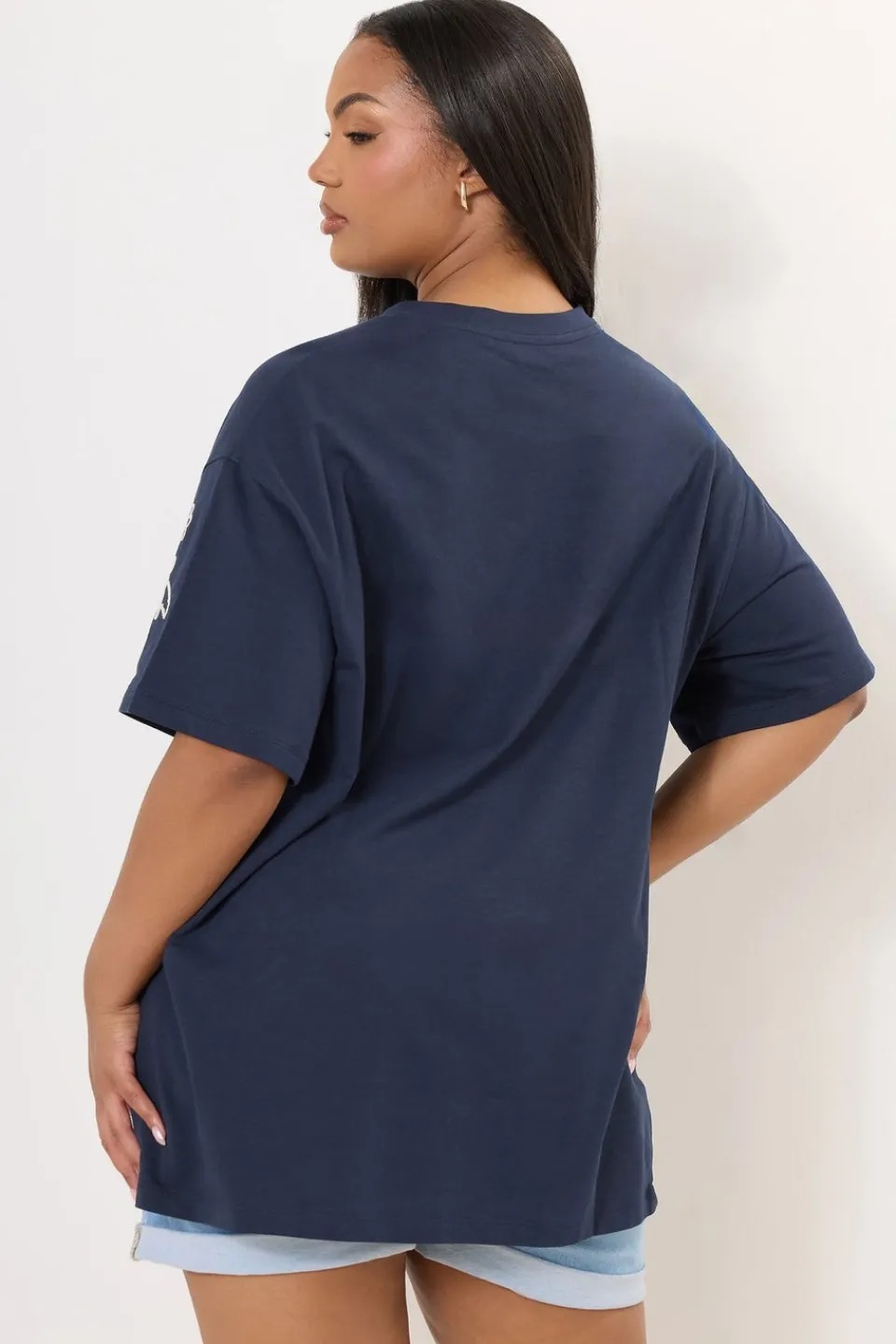 T-Shirts>YOURS Curve Navy Blue Floral Embroidered Oversized T-Shirt