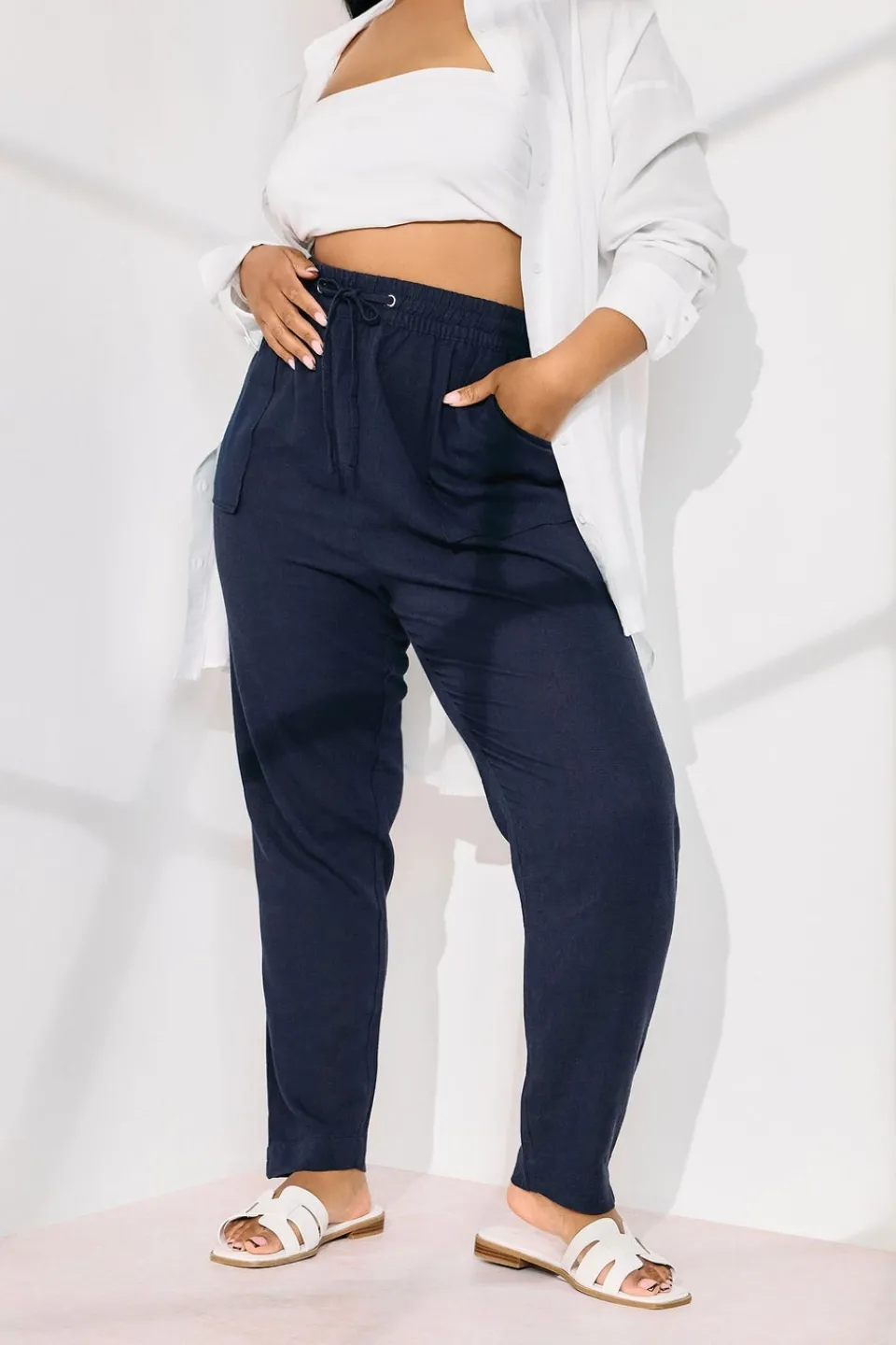 Trousers>YOURS Curve Navy Blue Linen Tie Front Joggers