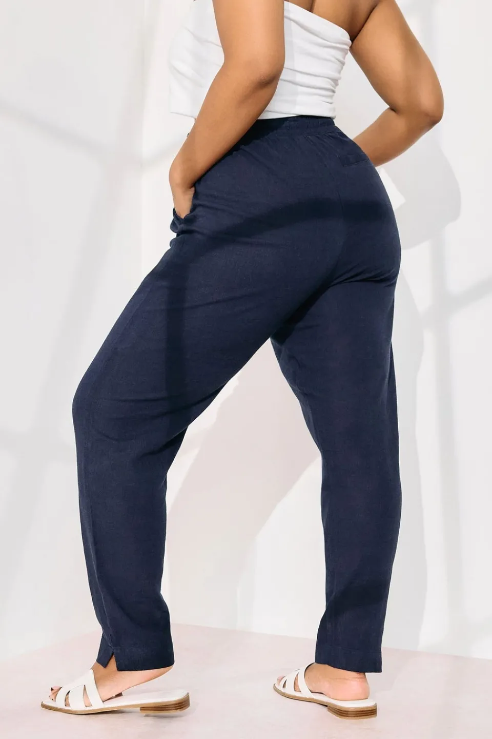 Trousers>YOURS Curve Navy Blue Linen Tie Front Joggers