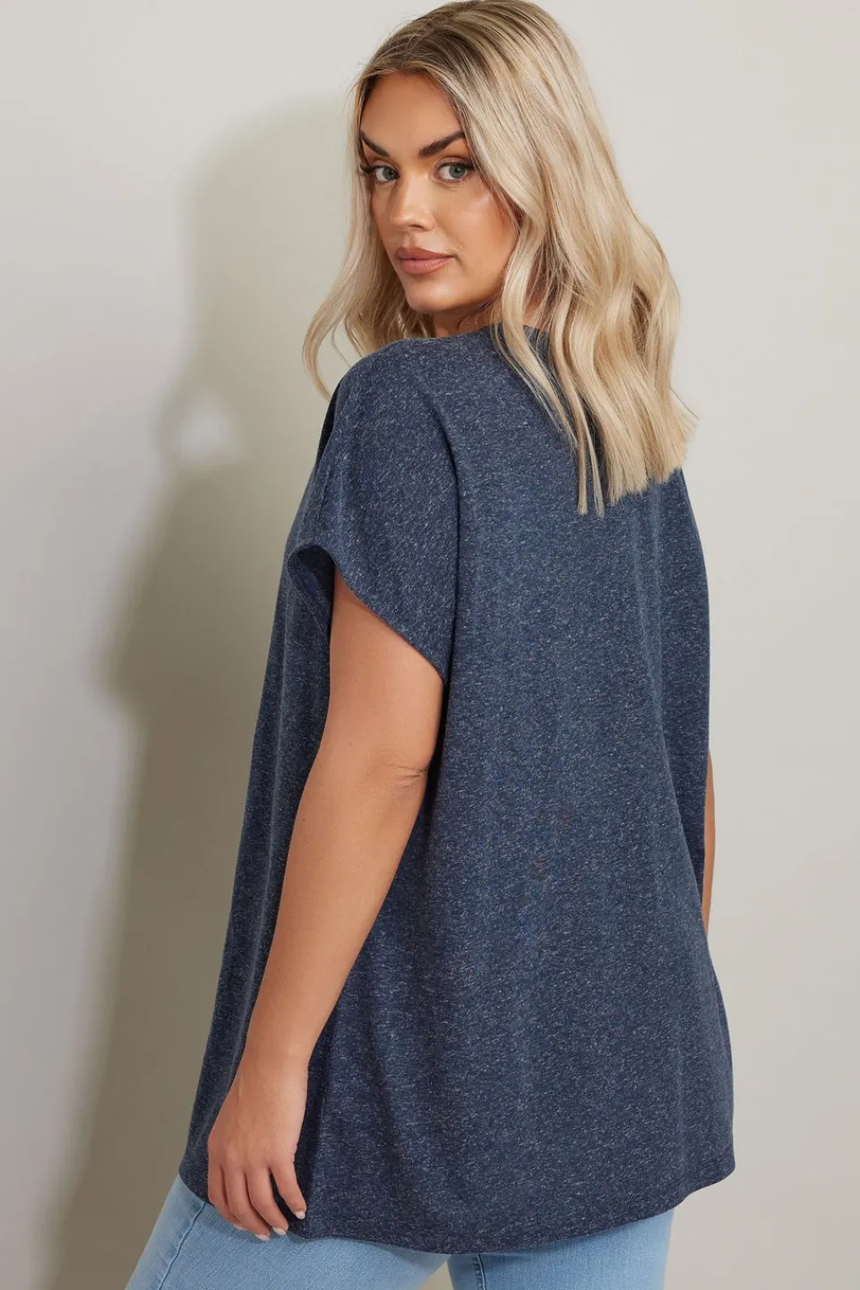 T-Shirts>YOURS Curve Navy Blue Linen Marl Tie Front Top
