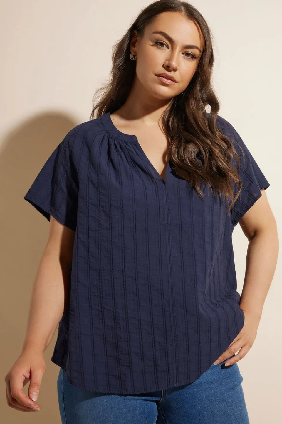Tops>YOURS Curve Navy Blue Short Sleeve Cotton Blouse