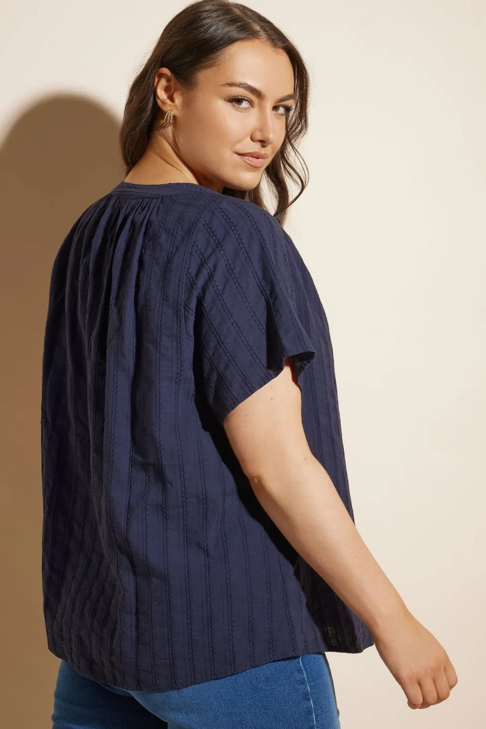 Tops>YOURS Curve Navy Blue Short Sleeve Cotton Blouse