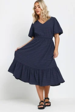 Dresses>YOURS Curve Blue Textured Check Midi Dress Navy
