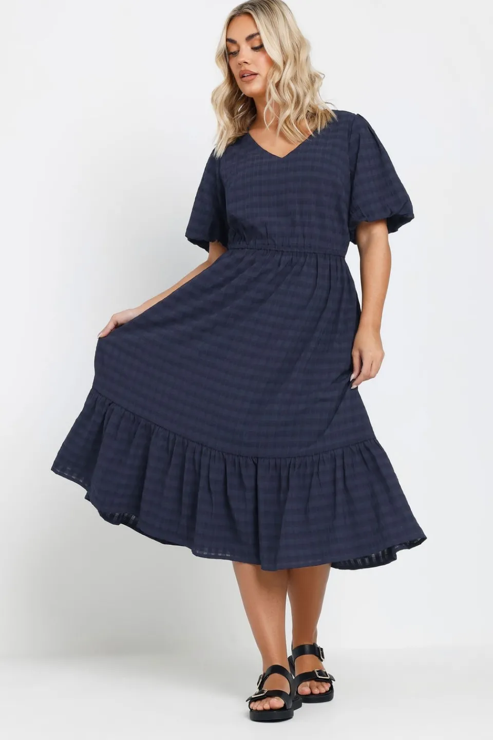 Dresses>YOURS Curve Blue Textured Check Midi Dress Navy