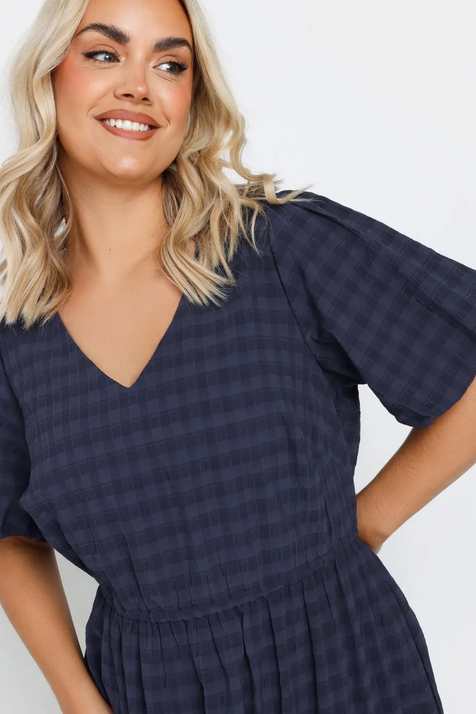 Dresses>YOURS Curve Blue Textured Check Midi Dress Navy