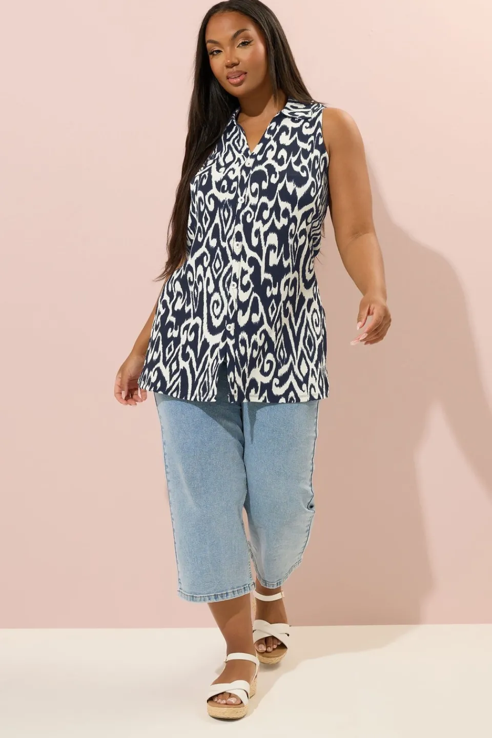 Tops>YOURS Curve Navy Blue Textured Ikat Sleeveless Shirt