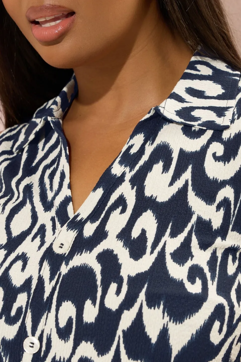 Tops>YOURS Curve Navy Blue Textured Ikat Sleeveless Shirt