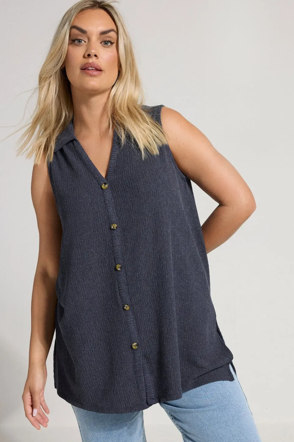 Tops>YOURS Curve Navy Blue Textured Sleeveless Shirt