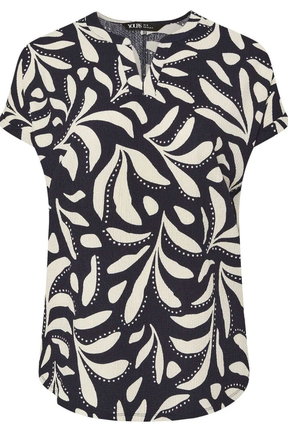 Tops>YOURS Curve Navy Blue Textured Leaf Print Notch Neck Top
