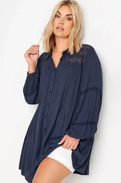 Tops>YOURS Curve Navy Blue Tiered Crochet Detail Shirt