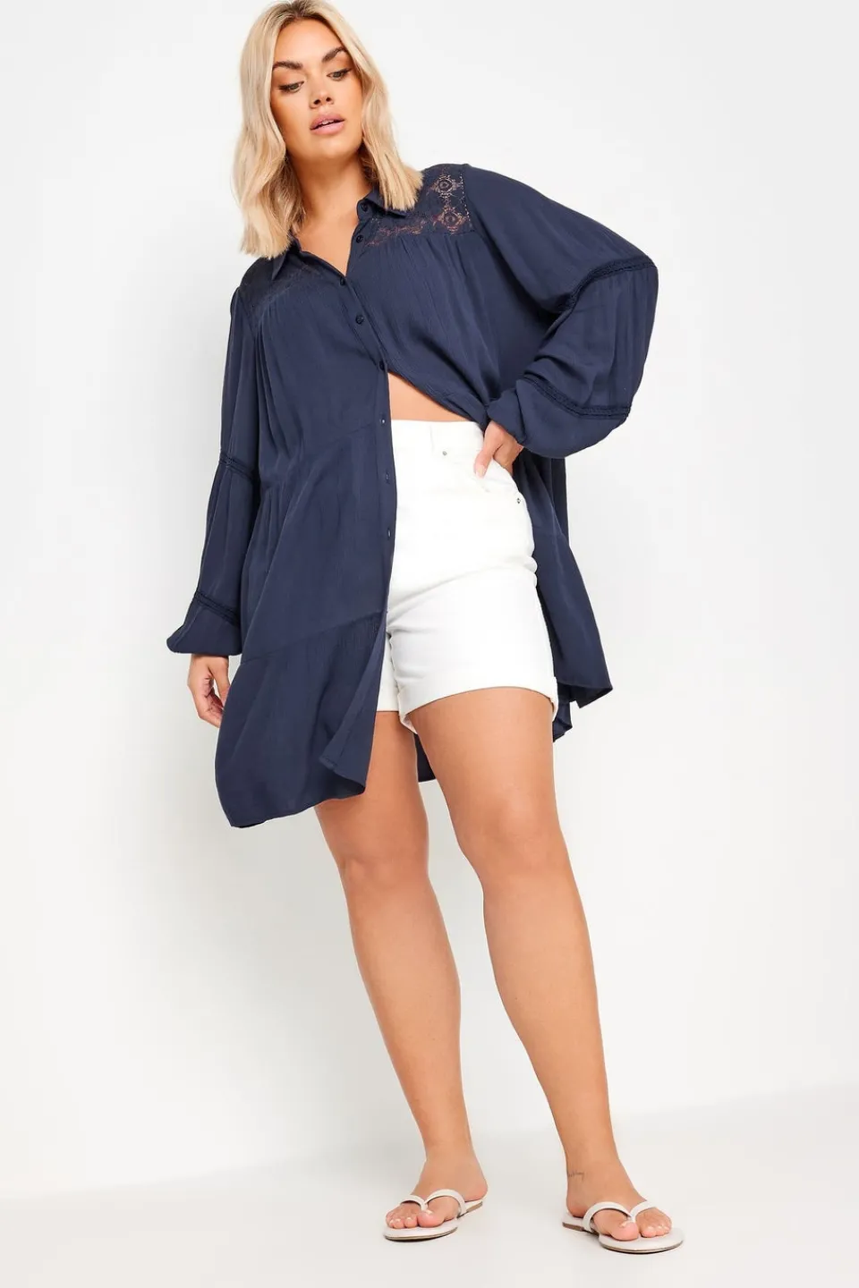 Tops>YOURS Curve Navy Blue Tiered Crochet Detail Shirt