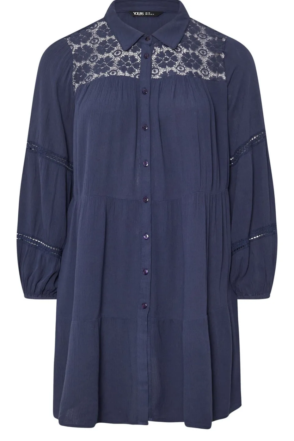 Tops>YOURS Curve Navy Blue Tiered Crochet Detail Shirt