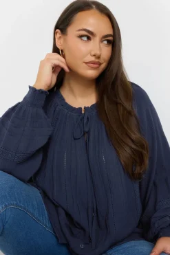 Tops>YOURS Curve Navy Blue Tie Neck Pintuck Top