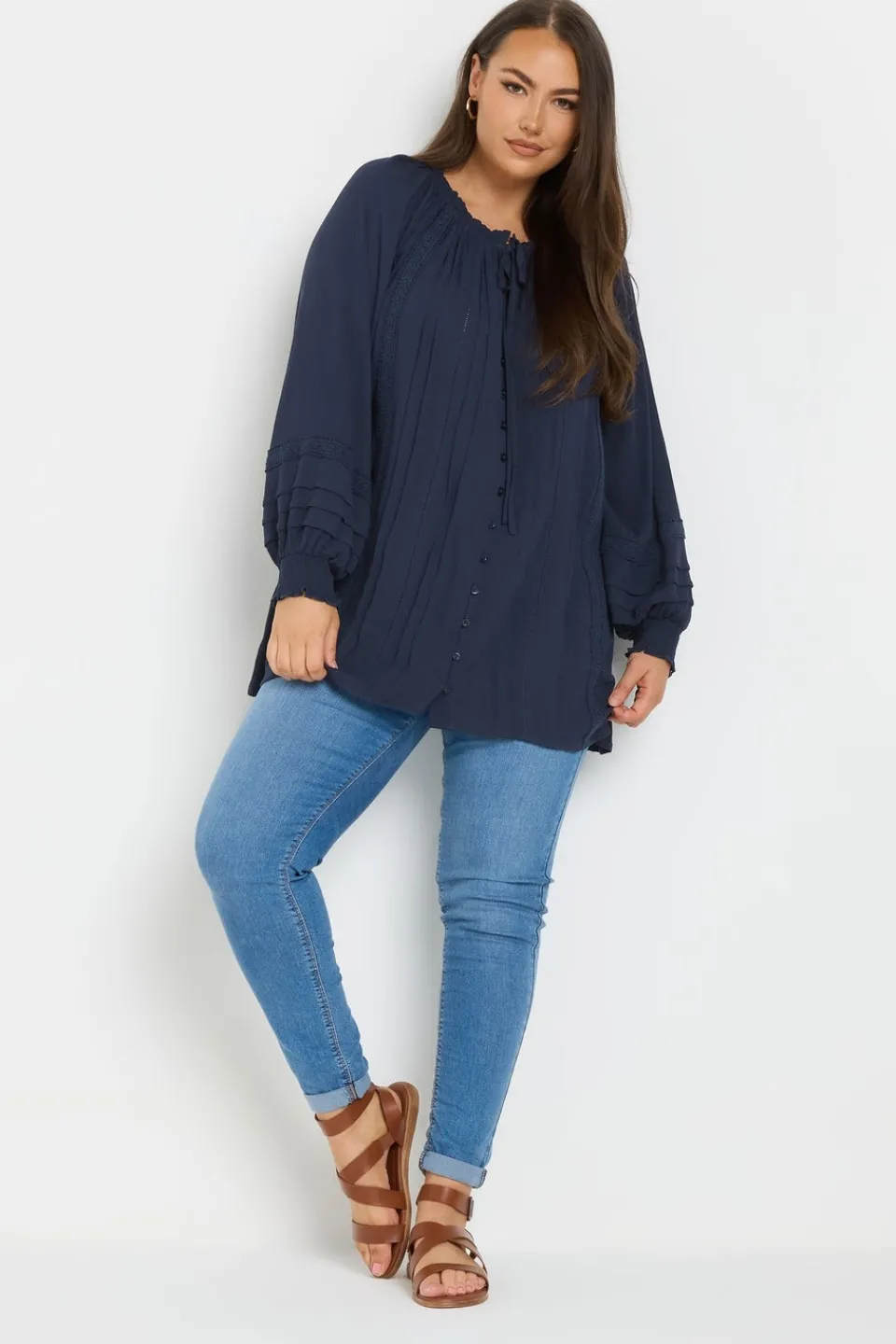 Tops>YOURS Curve Navy Blue Tie Neck Pintuck Top