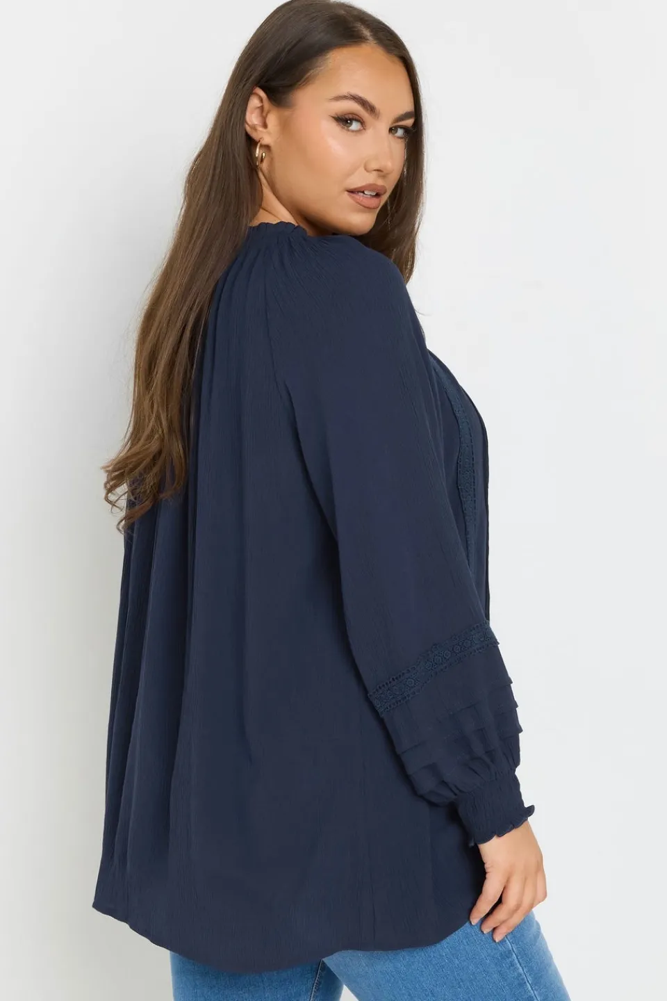 Tops>YOURS Curve Navy Blue Tie Neck Pintuck Top