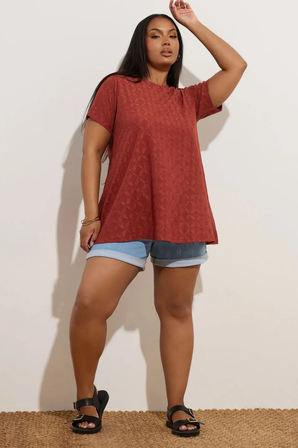 T-Shirts>YOURS Curve Orange Broderie Anglaise Textured Swing Top