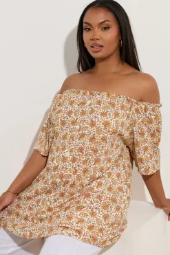 Tops>YOURS Curve Orange Textured Leaf Print Bardot Top