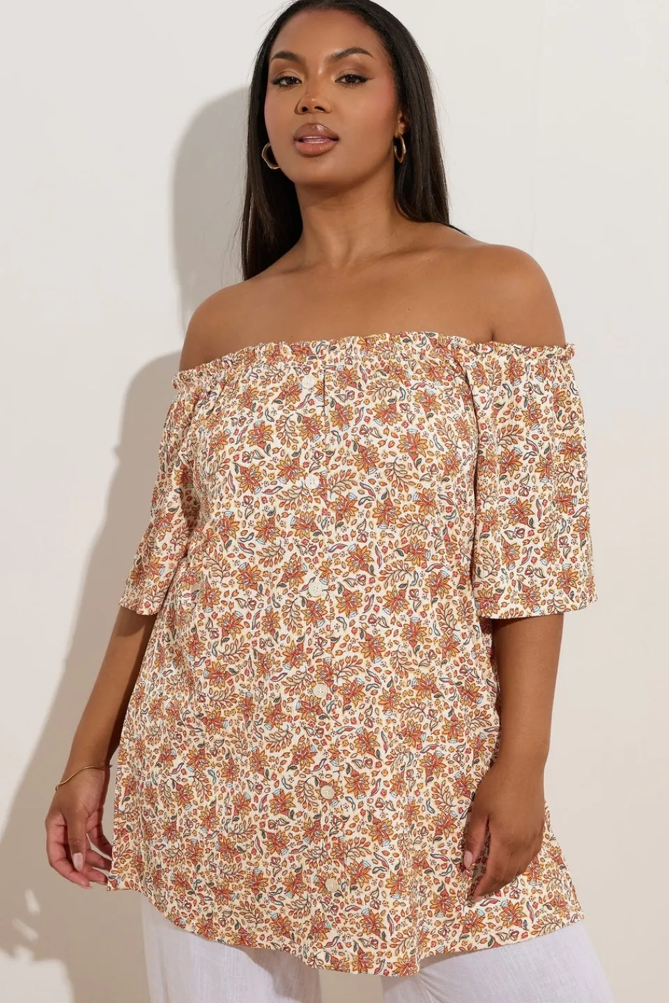 Tops>YOURS Curve Orange Textured Leaf Print Bardot Top