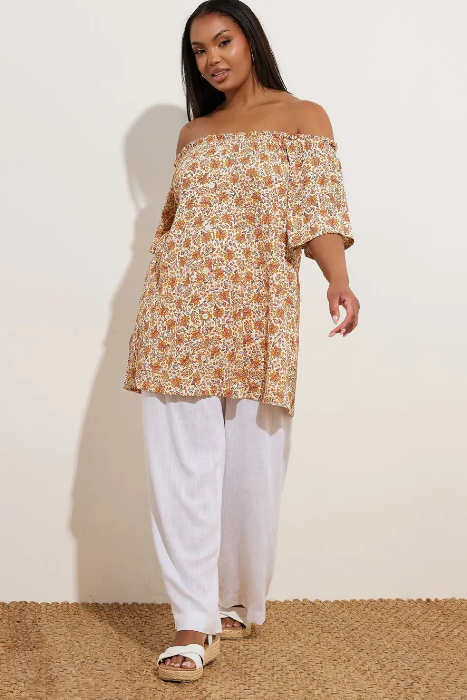Tops>YOURS Curve Orange Textured Leaf Print Bardot Top