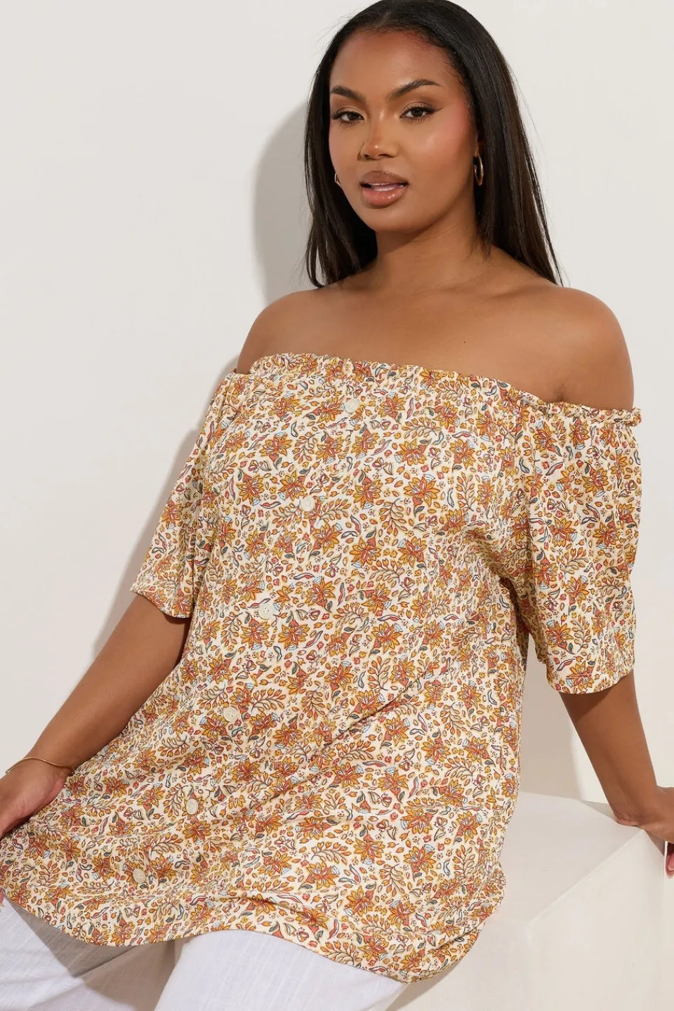 Tops>YOURS Curve Orange Textured Leaf Print Bardot Top