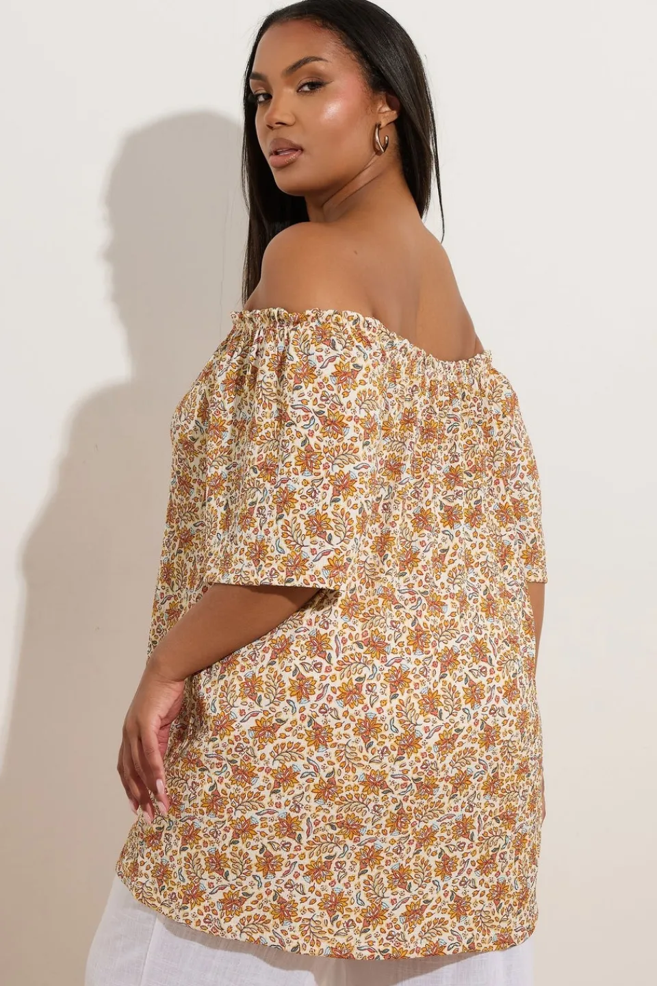 Tops>YOURS Curve Orange Textured Leaf Print Bardot Top