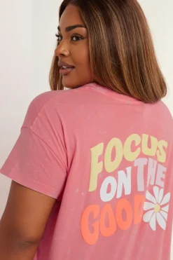 T-Shirts>YOURS Curve Pink Acid Wash 'Focus On The Good' Daisy Back Print T-Shirt