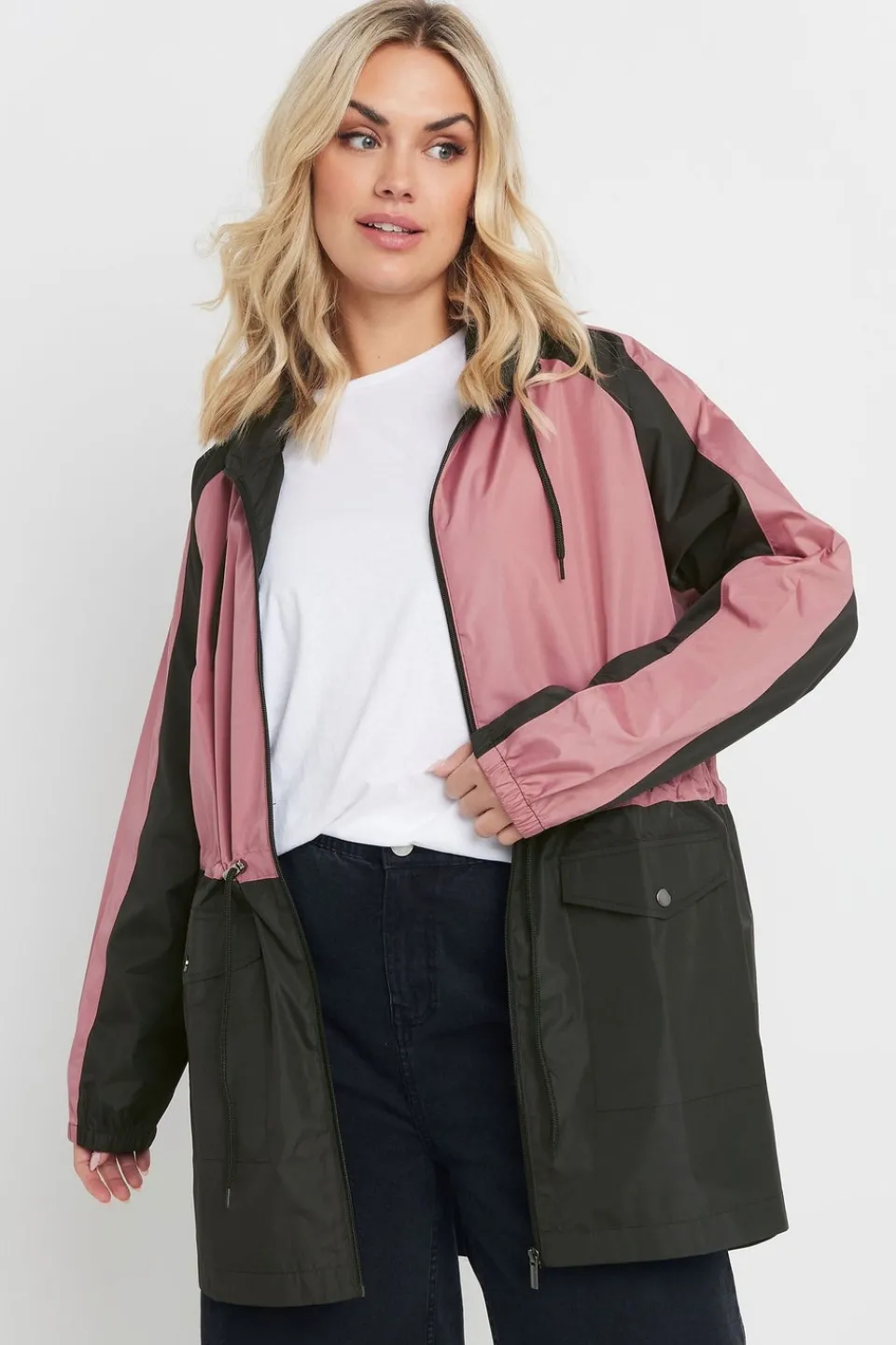 Coats & Jackets>YOURS Curve Pink & Black Colourblock Lightweight Parka Jacket