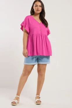 T-Shirts>YOURS Curve Pink Button Frill Sleeve Peplum Top