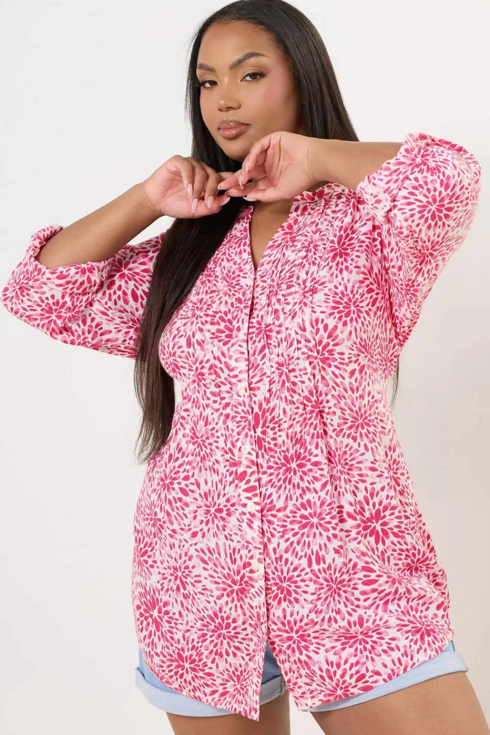 Blouses & Shirts>YOURS Curve Pink Floral Print Pintuck Blouse