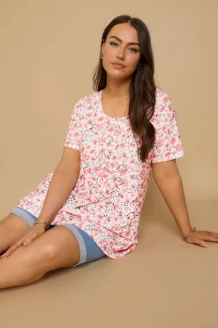 T-Shirts>YOURS Curve Pink Floral Print Broderie Anglaise T Shirt