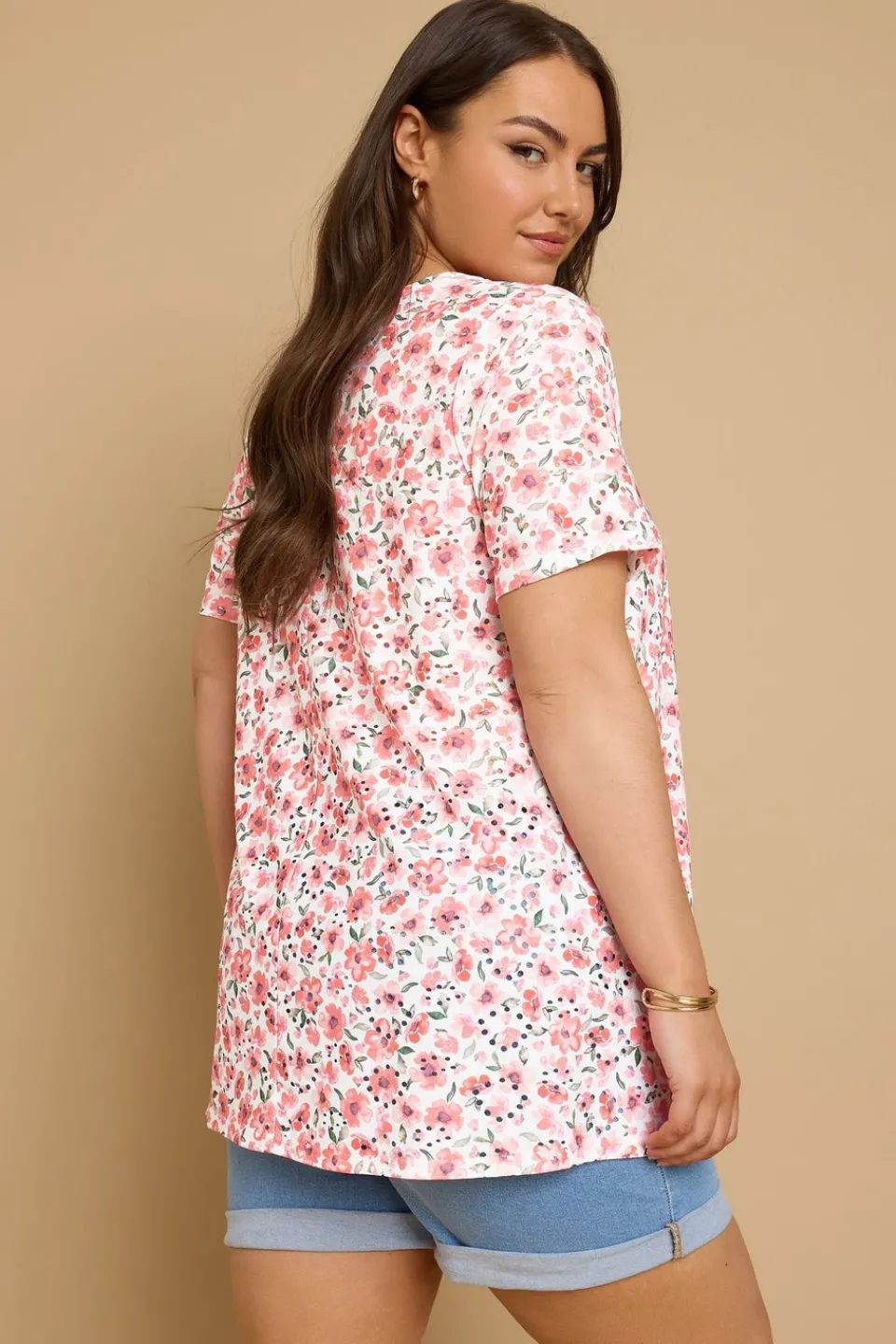 T-Shirts>YOURS Curve Pink Floral Print Broderie Anglaise T Shirt