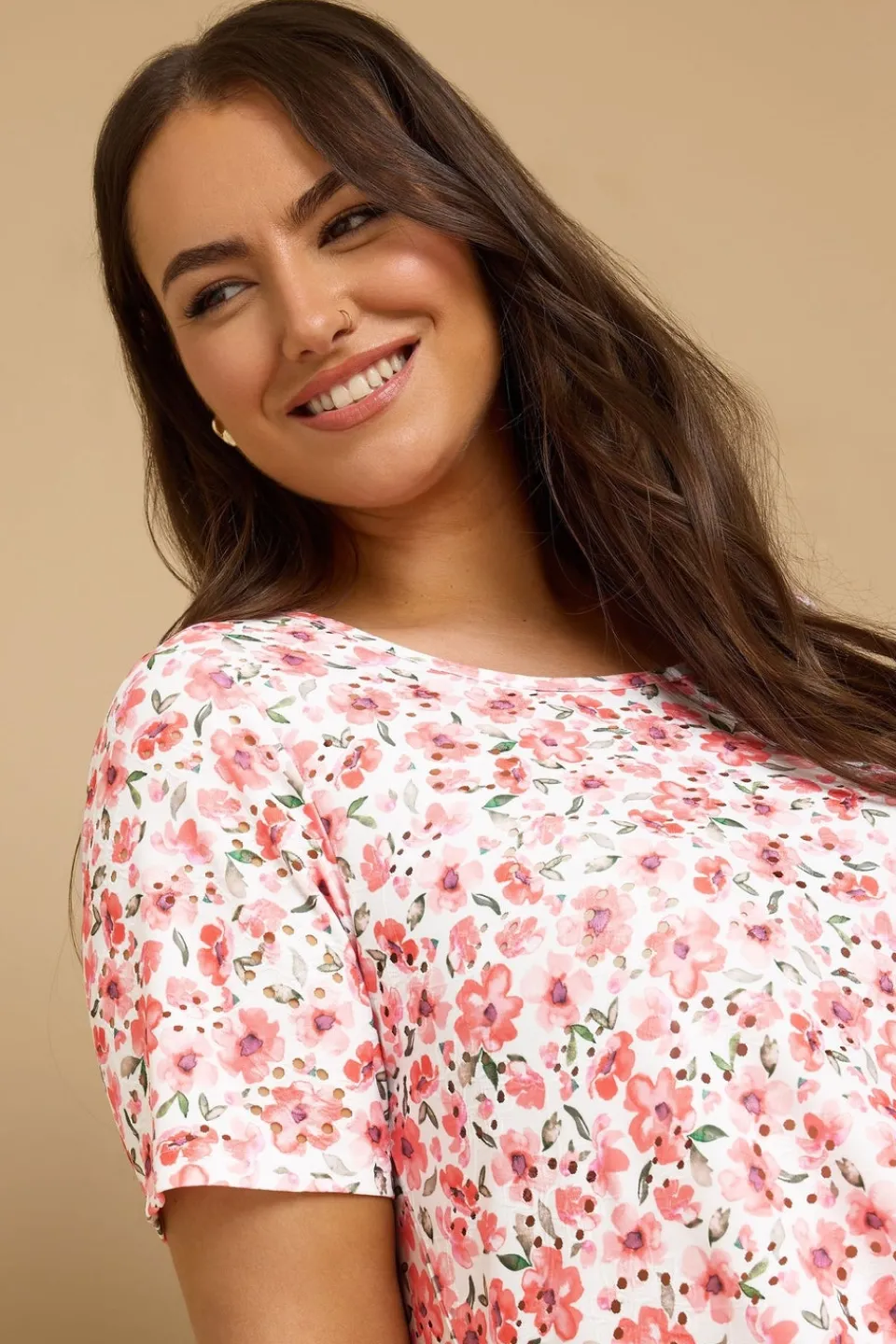 T-Shirts>YOURS Curve Pink Floral Print Broderie Anglaise T Shirt
