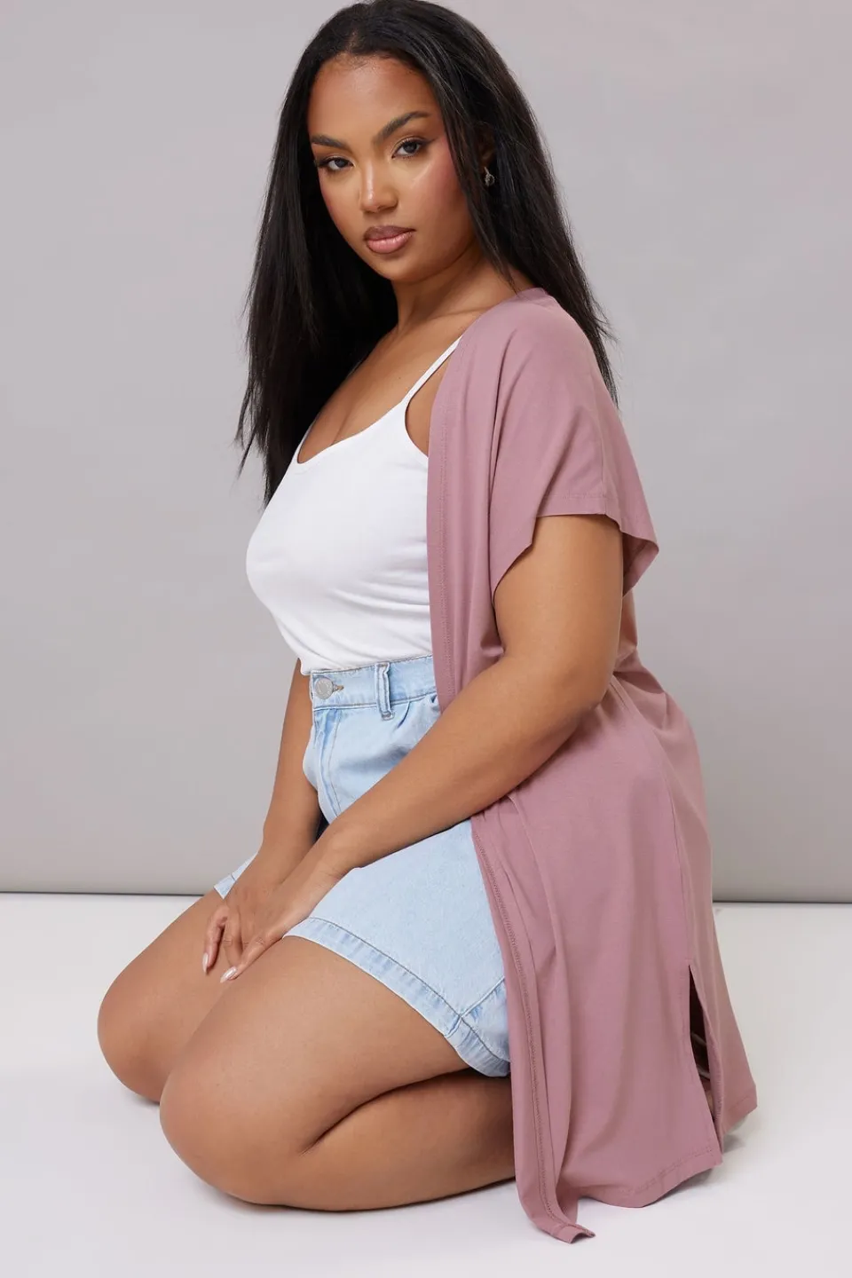 Tops>YOURS Curve Pink Grown On Sleeve Jersey Cardigan