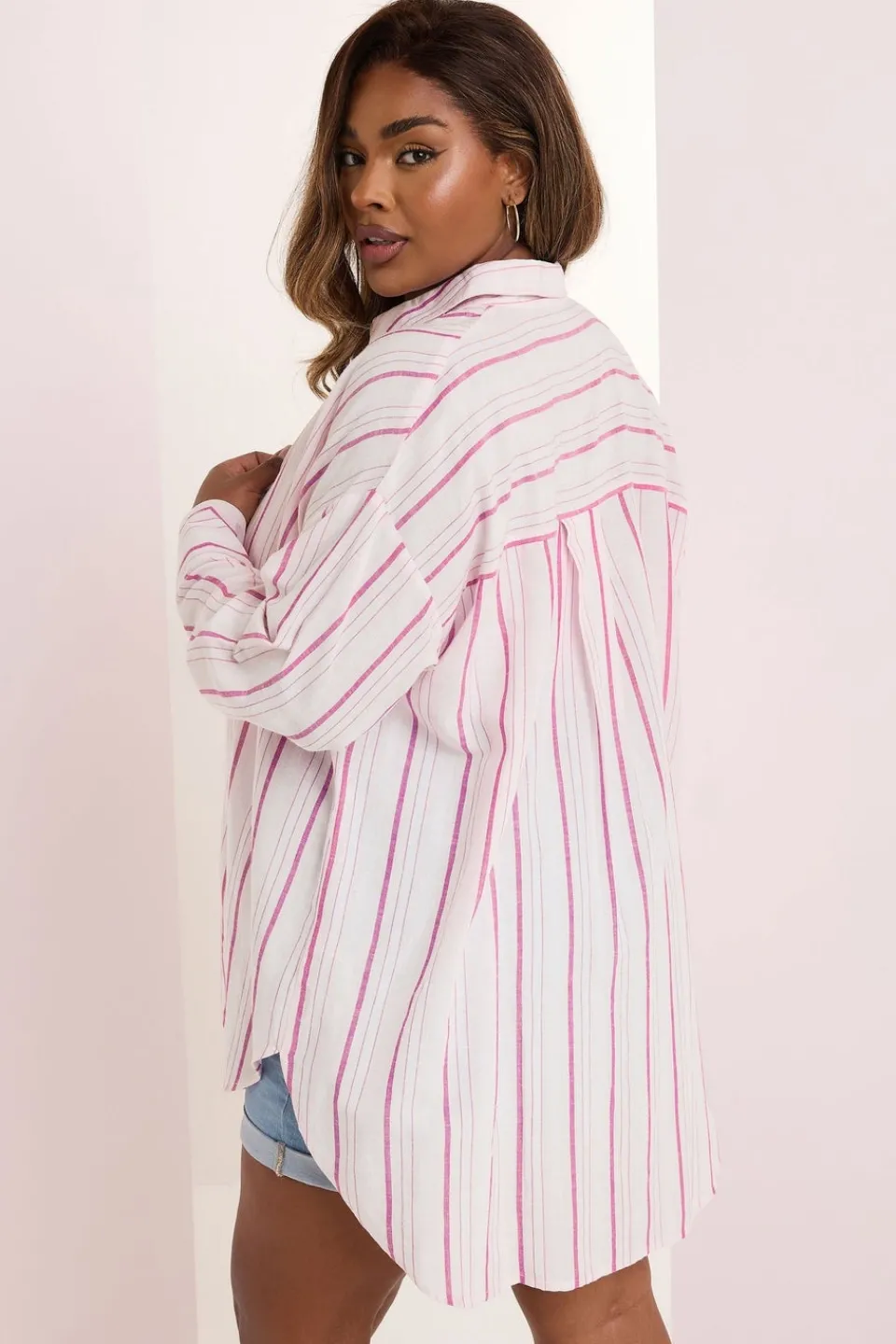 Tops>YOURS Curve Pink Stripe Linen Shirt