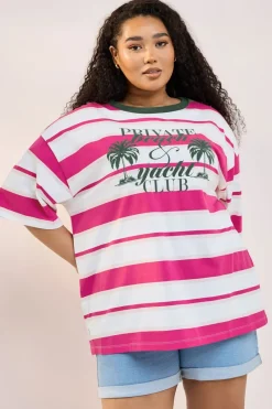 T-Shirts>YOURS Curve Pink 'Beach Club' Slogan Stripe T-Shirt